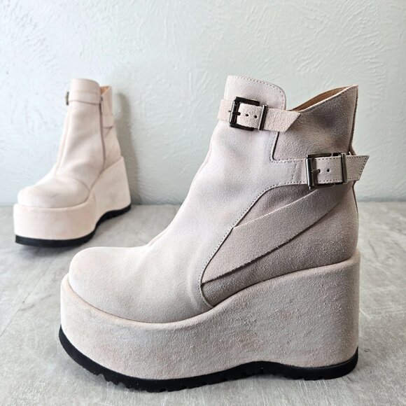 Free People Platform Boots Sz 8 Off White Y2k Retro Chunky Wedge Festival Bootie - Picture 1 of 13